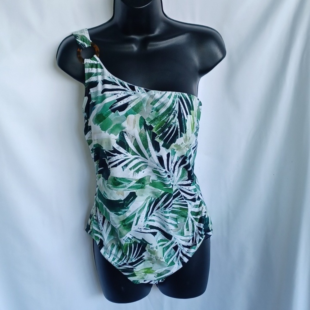 Nip Tuck One Shoulder One Piece Swimsuit Tummy Control Green Palm Leaf Size 10